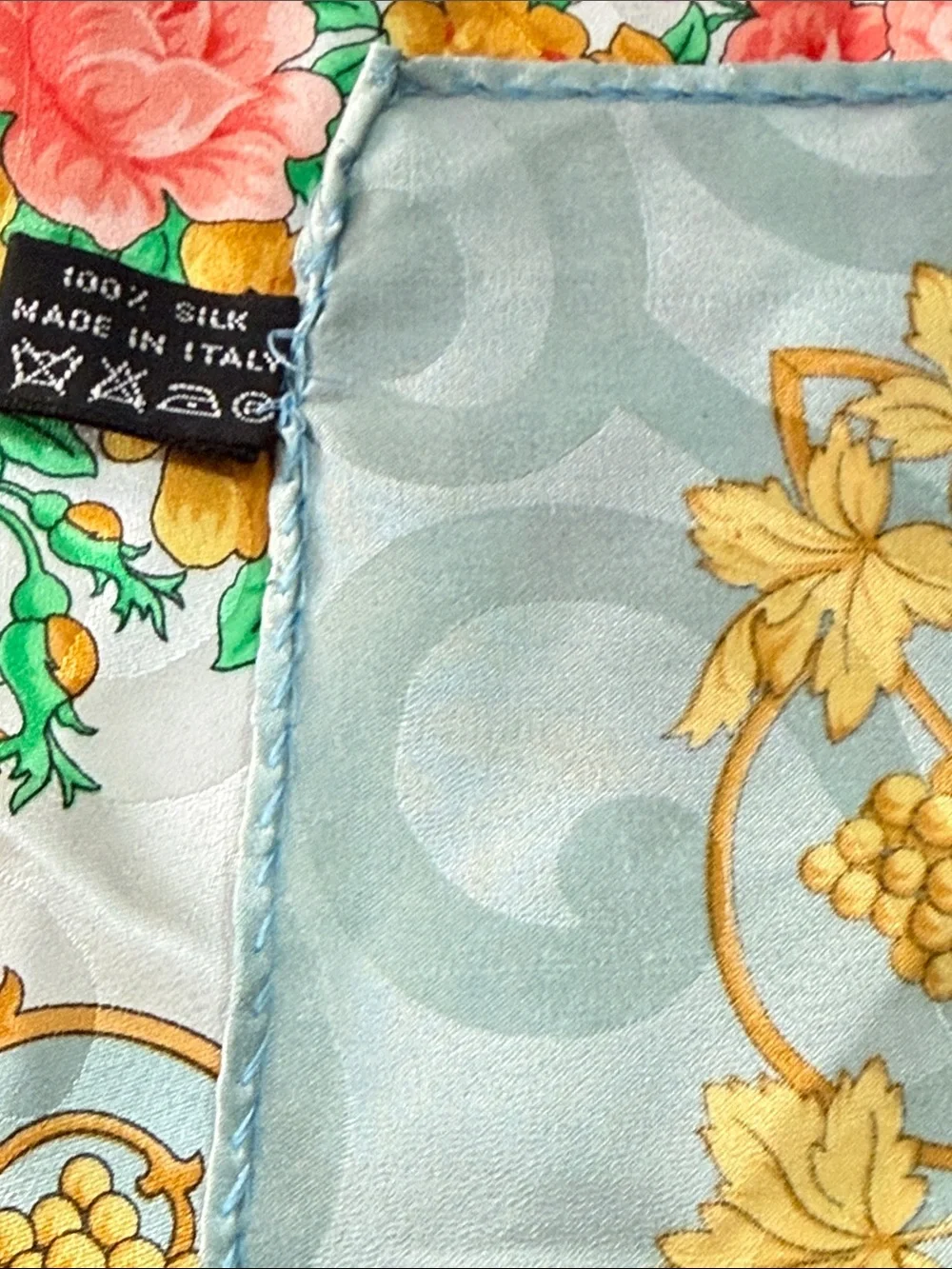 BASILE Silk Floral Garden Square Scarf in Gold, Pink Green & Blue made in Italy